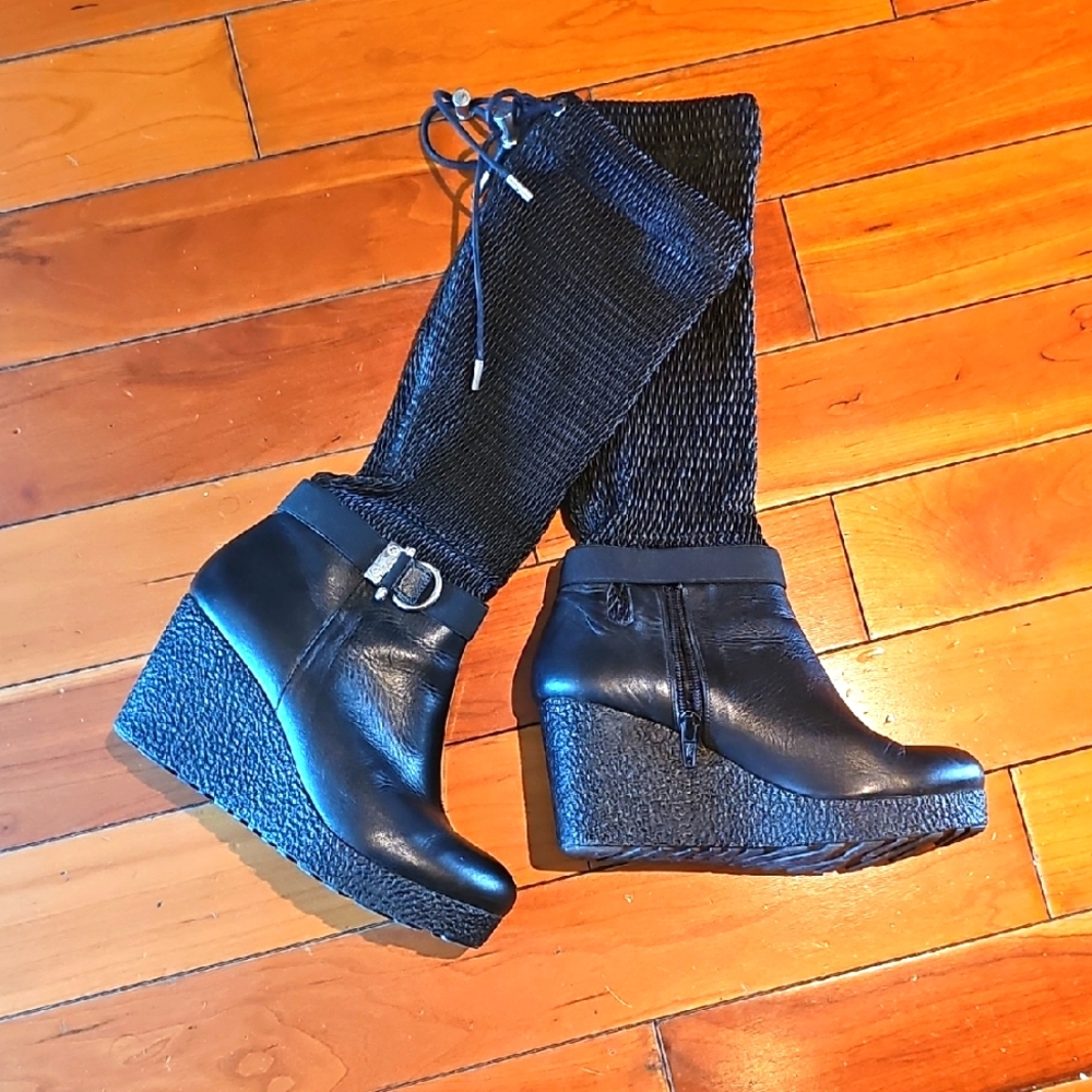 Black Wedge Knee-High Boots
